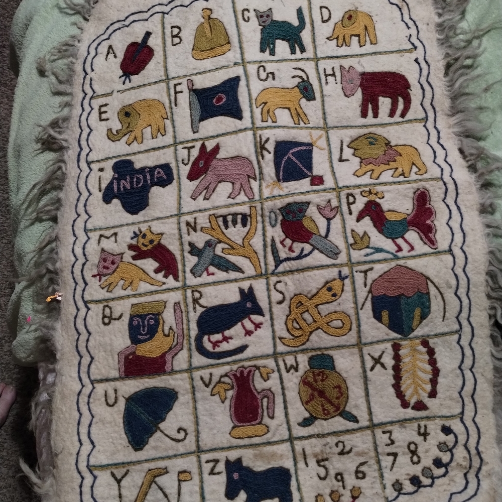 SWEET VINTAGE WOOL FELTED EMBROIDERED CHILDS NUMDHA ALPHABET RUG 36" X 24"